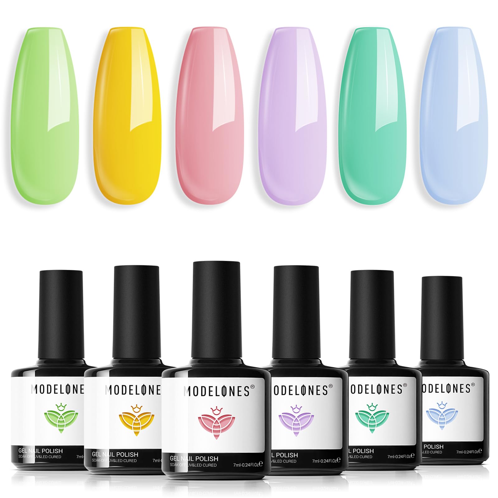Modelones vernis gel Printemps : ensemble 6 teintes pastel pour une manucure durable et lumineuse.