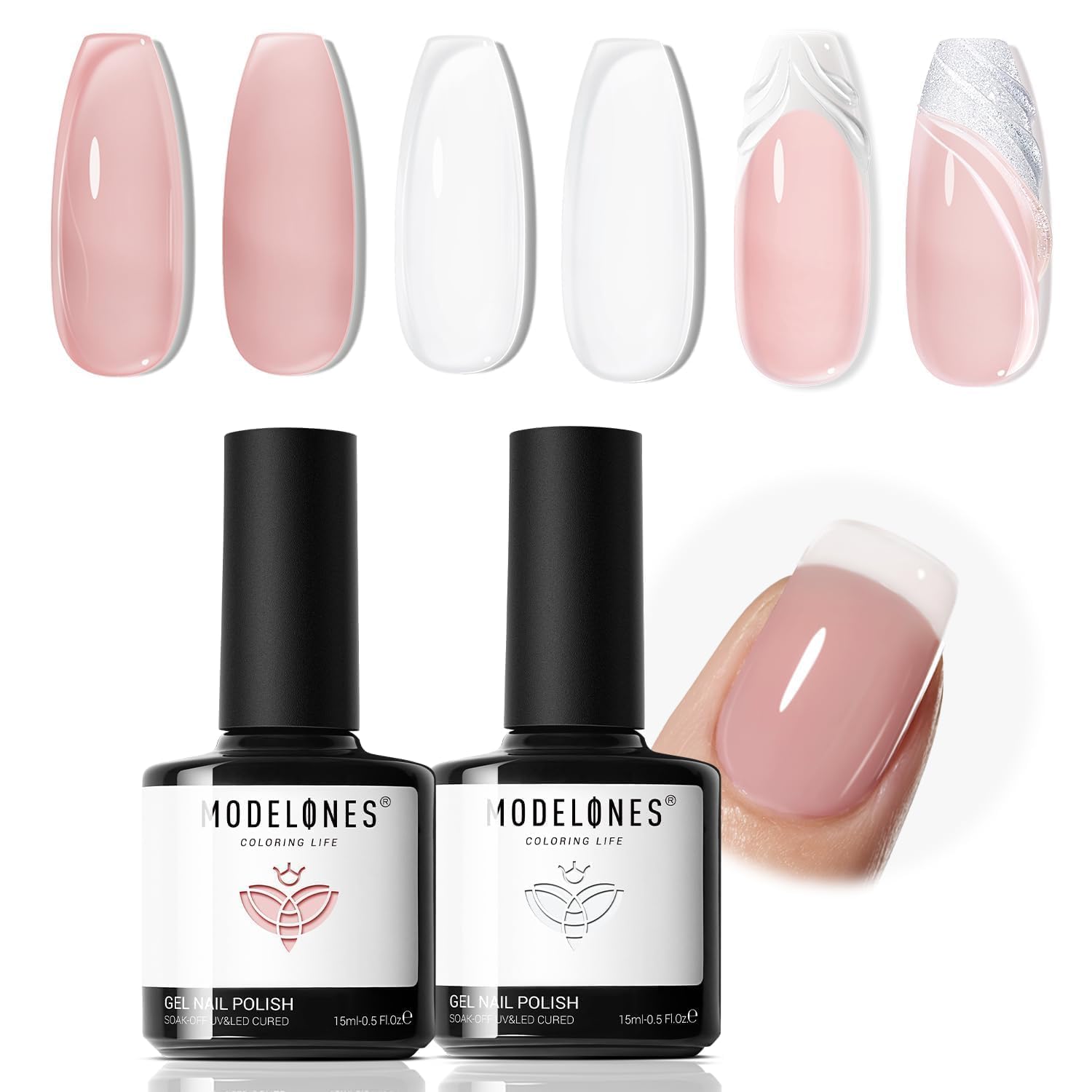 Modelones vernis gel rose nude translucide pour une base française élégante.