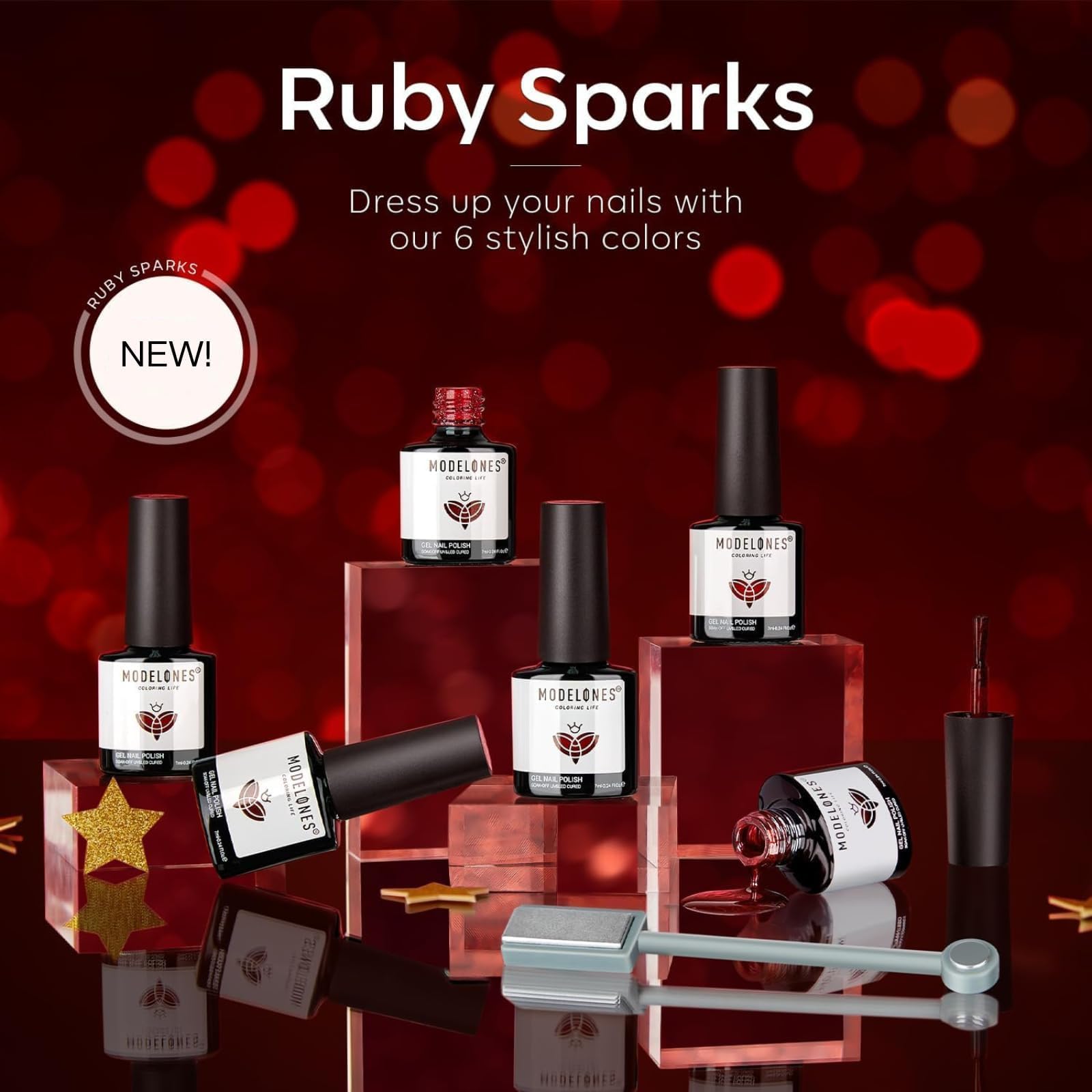 Modelones vernis gel rouge effet scintillant pour un look glamour durable.