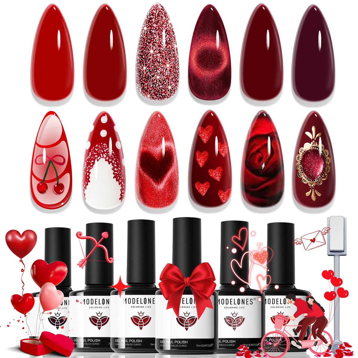 Modelones vernis gel rouge ensemble 6 couleurs pour une manucure rapide et durable.