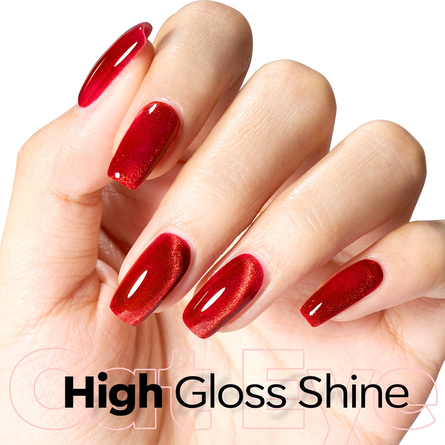 Modelones rouge oeil-chat, vernis gel magnétique, reflet dynamique selon l’angle.