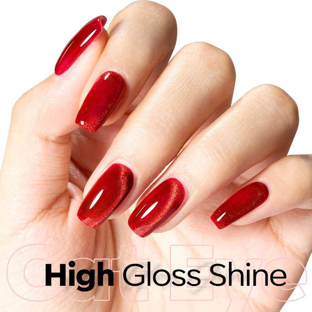 Modelones rouge oeil-chat, vernis gel magnétique, reflet dynamique selon l’angle.