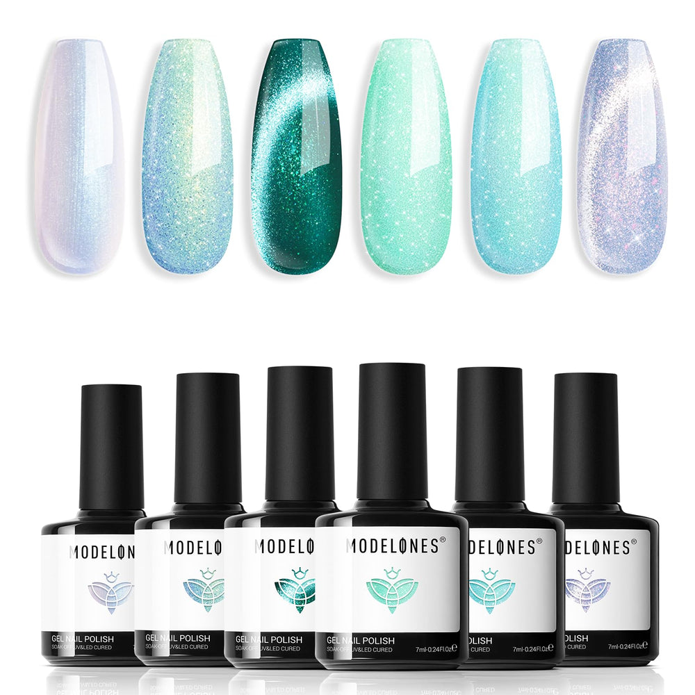 Modelones vernis gel vert cat-eye, allure audacieuse et longue tenue