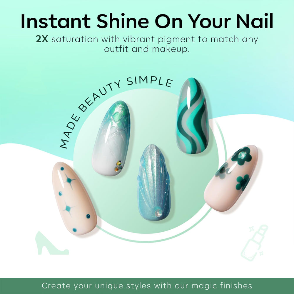 Modelones vernis gel vert turquoise pailleté, effet scintillant discret.