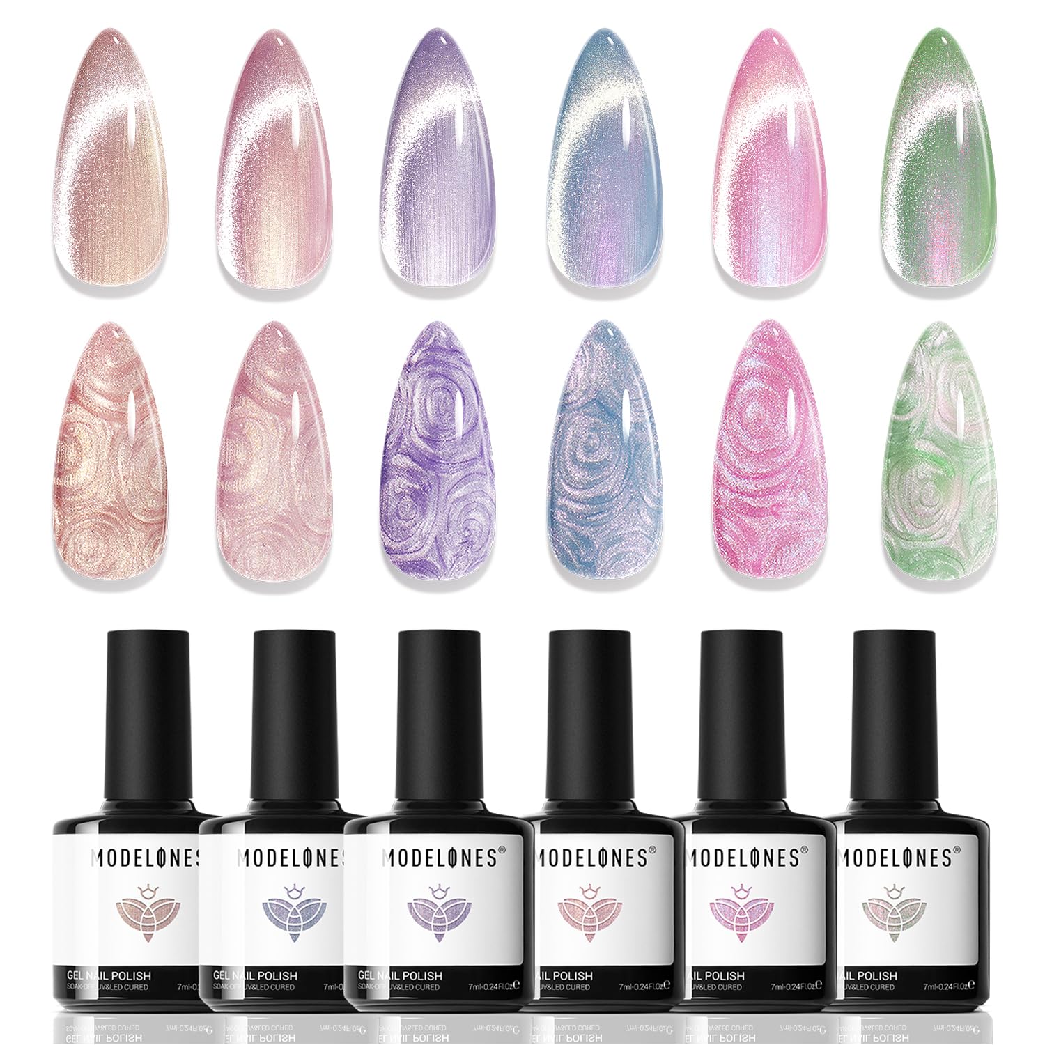 Modelones vernis œil-de-chat rose nacré pour brillance durable.