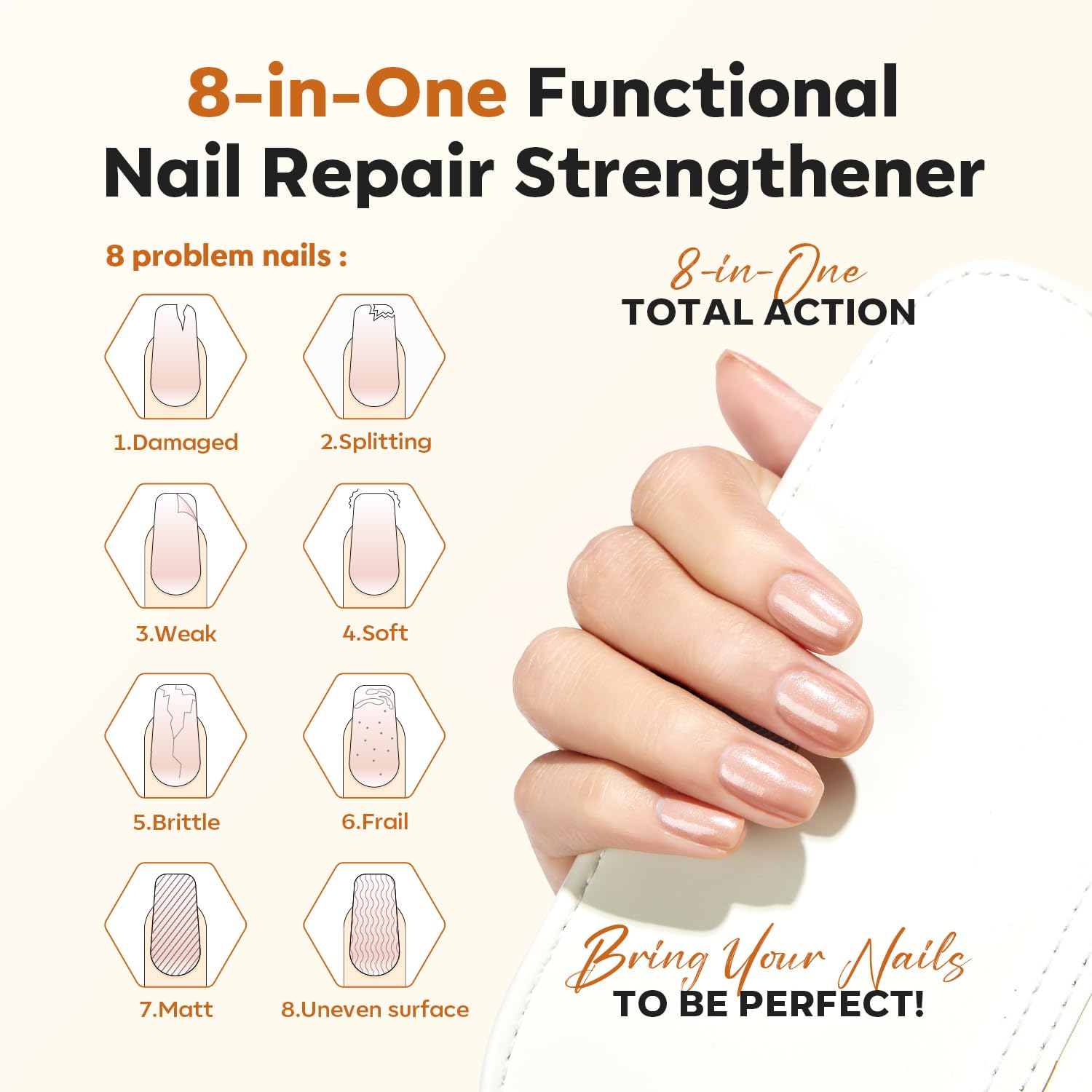 Modelones vernis-renforcisseur croissance pour ongles endommagés, effet naturel et brillant.