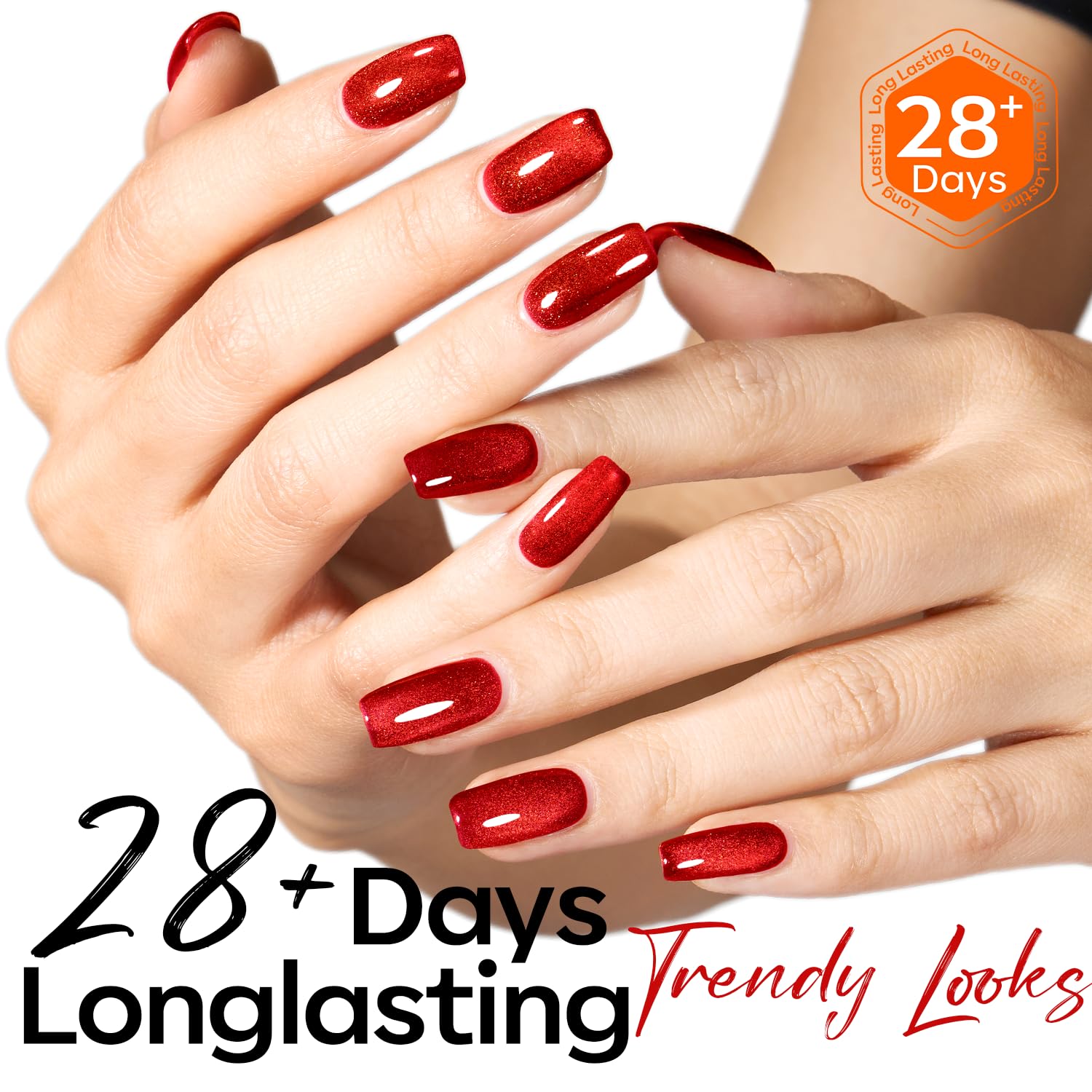 Modelones rouge oeil-chat, vernis gel magnétique, design élégant pour occasions spéciales.