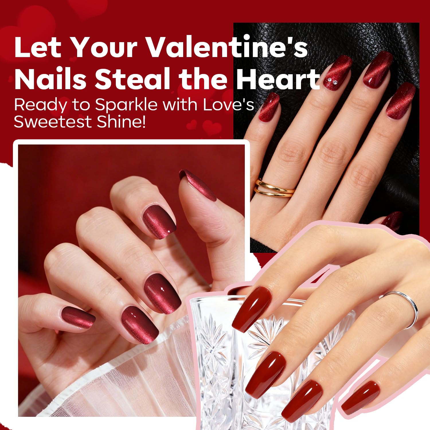Modelones vernis rouge pailleté: finition scintillante idéale pour les soirées.