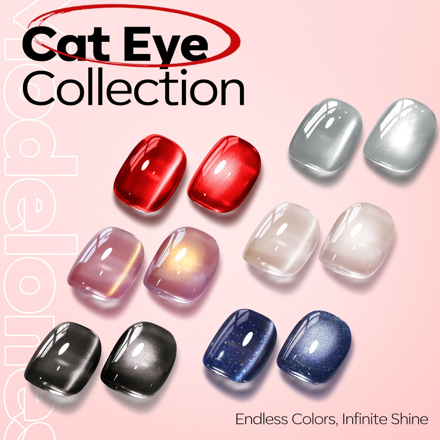 Modelones gel translucide rouge, oeil-chat, effet miroir discret et sophistiqué.