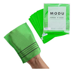 Gant exfoliant Modu vert – emballage soigné, préparation idéale pour le soin corporel.