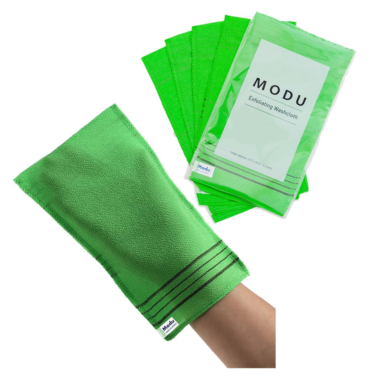 Gants exfoliants Modu coréens grande, couleur verte, exfoliation efficace du corps.