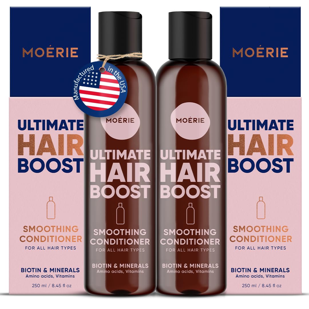Moerie Conditionneur Croissance — bouteille affichée, cheveux plus épais et volumineux en perspective.