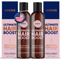 Moerie Conditionneur Croissance — bouteille affichée, cheveux plus épais et volumineux en perspective.