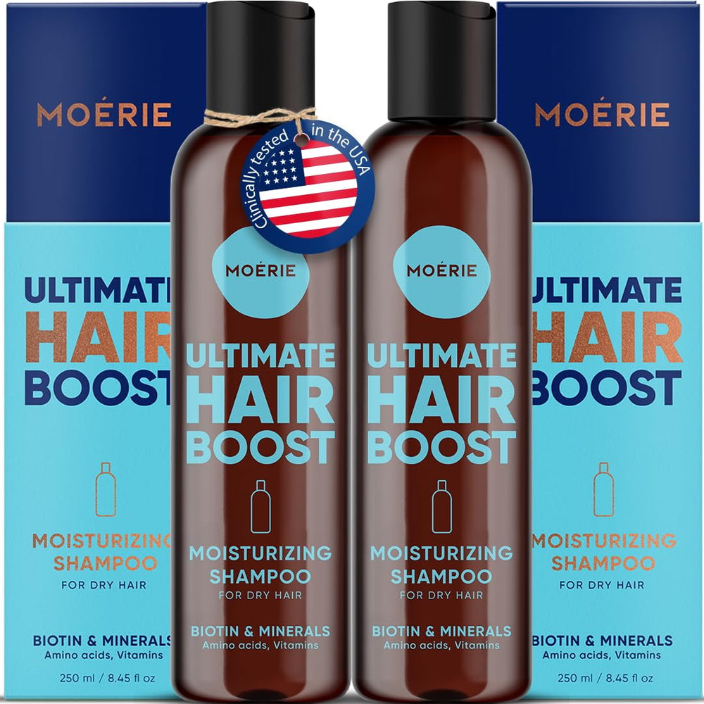 Moerie Shampoing Croissance Cheveux – bouteille visible et bénéfice potentiel d'épaisseur.