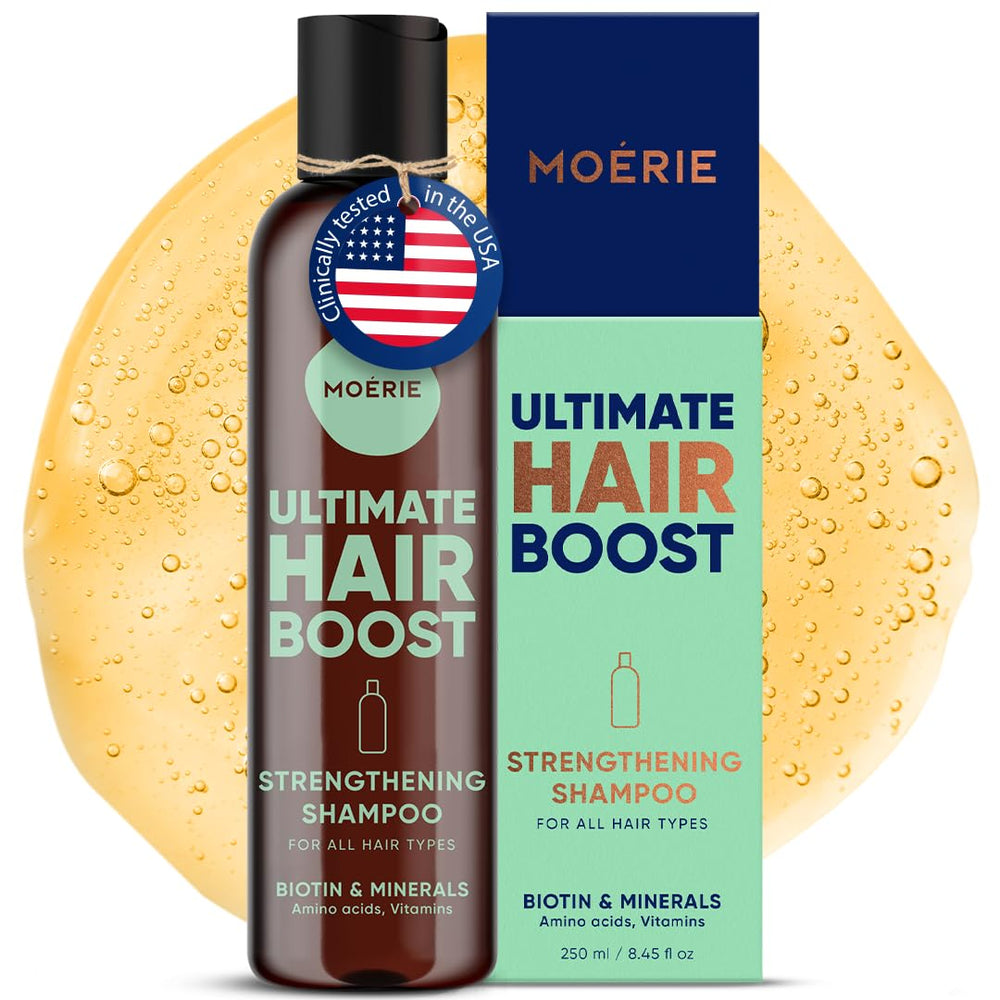 Shampoing Moerie Ultimate Hair Growth, bouteille, cheveux plus épais et volumineux.