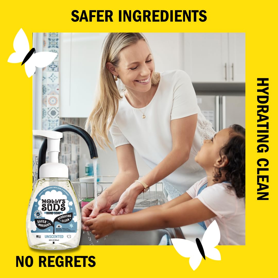 Étiquette Molly's Suds indiquant sans parfum et ingrédients propres.