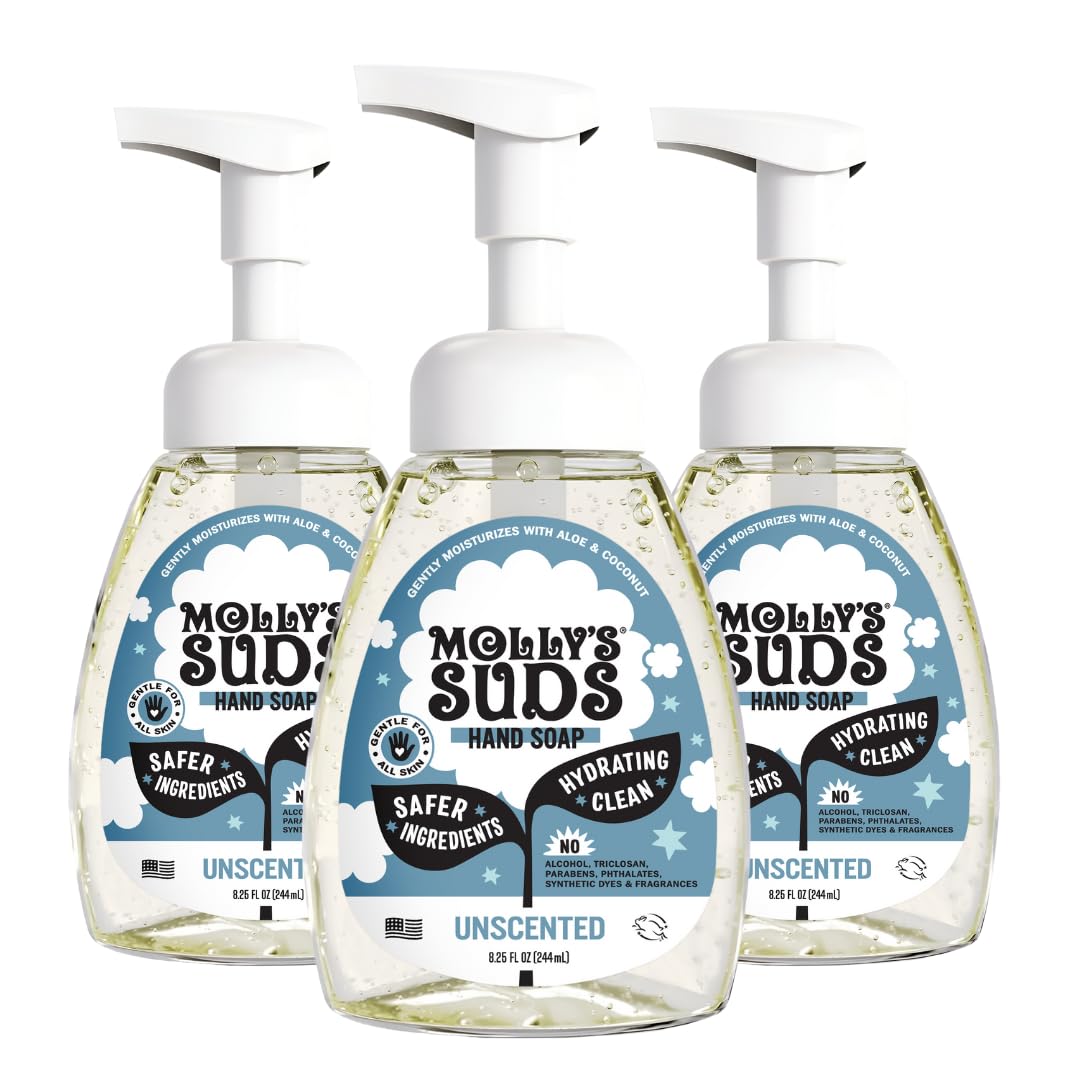 Savon moussant Molly's Suds en pack de trois bouteilles prête à l'emploi.