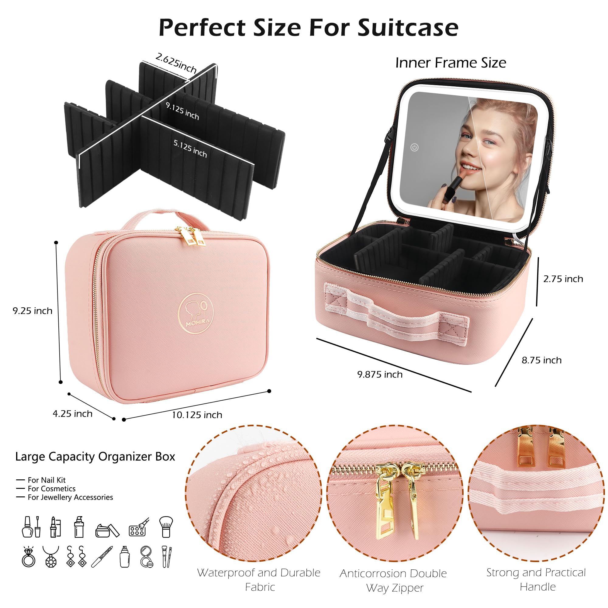 MOMIRA miroir 4K intégré pour voir chaque détail du maquillage.