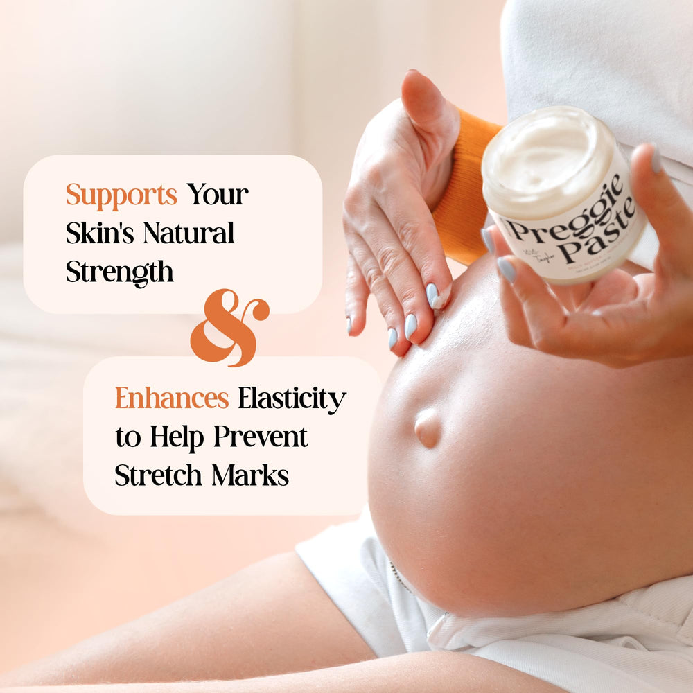 Rituel postpartum avec MOMMY LIFE Preggie Paste Belly Butter pour peau nourrie.