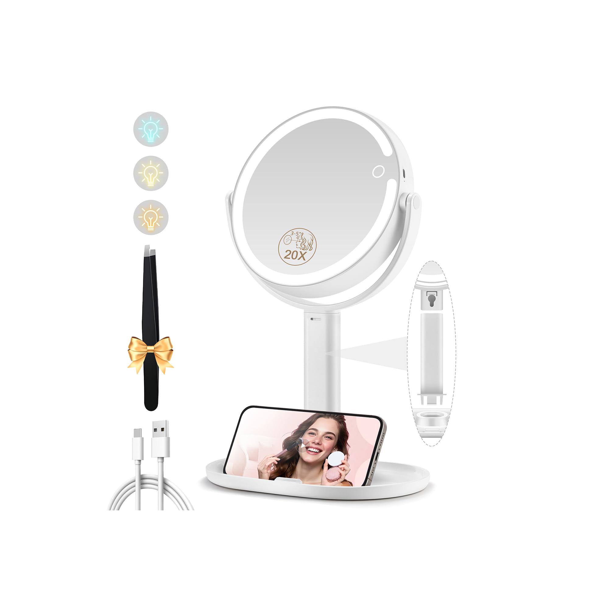 MOMOKUBA Miroir maquillage 1x/20x lumineux pour un fini précis.