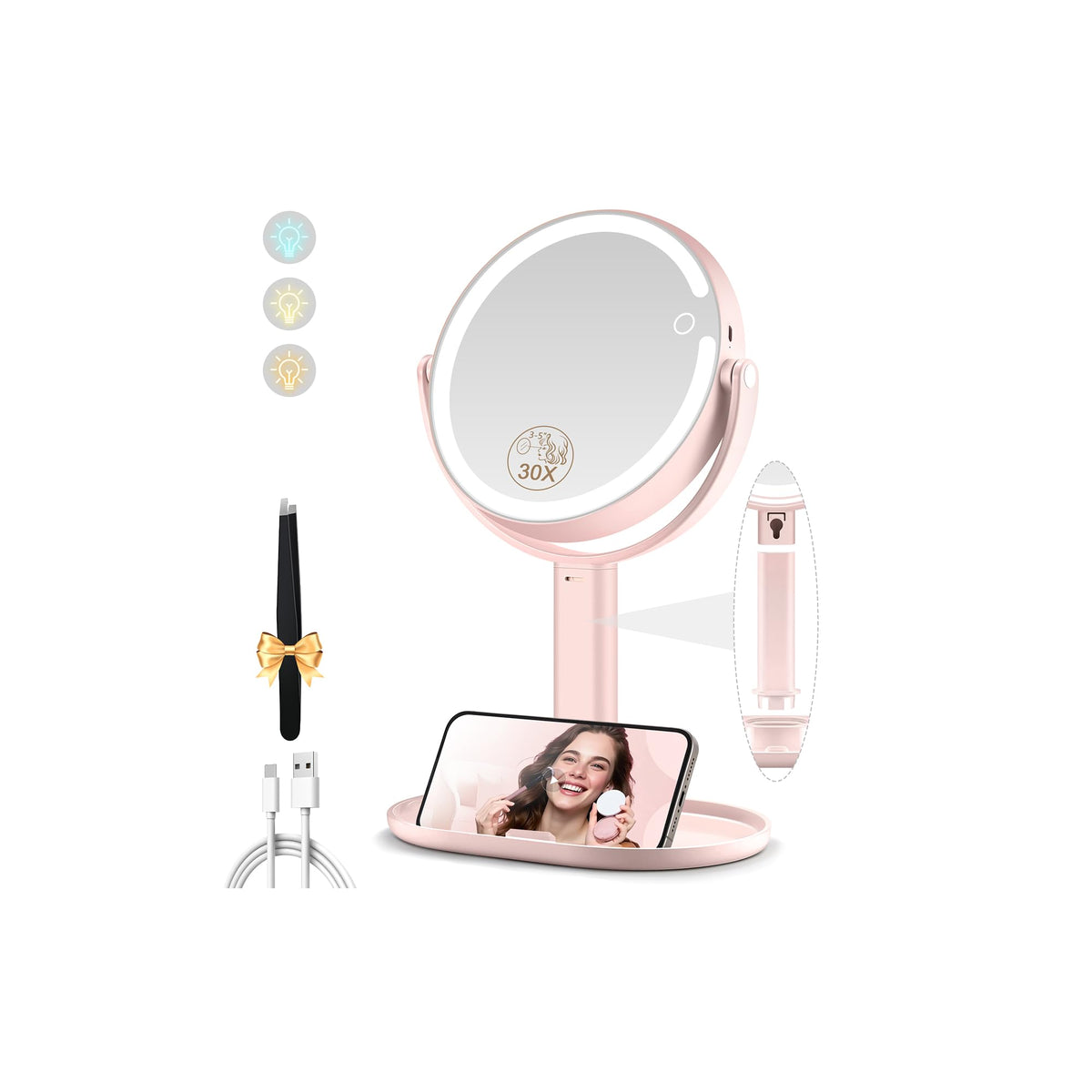 MOMOKUBA miroir maquillage avec lumière 1x et 30x pour les retouches précises.
