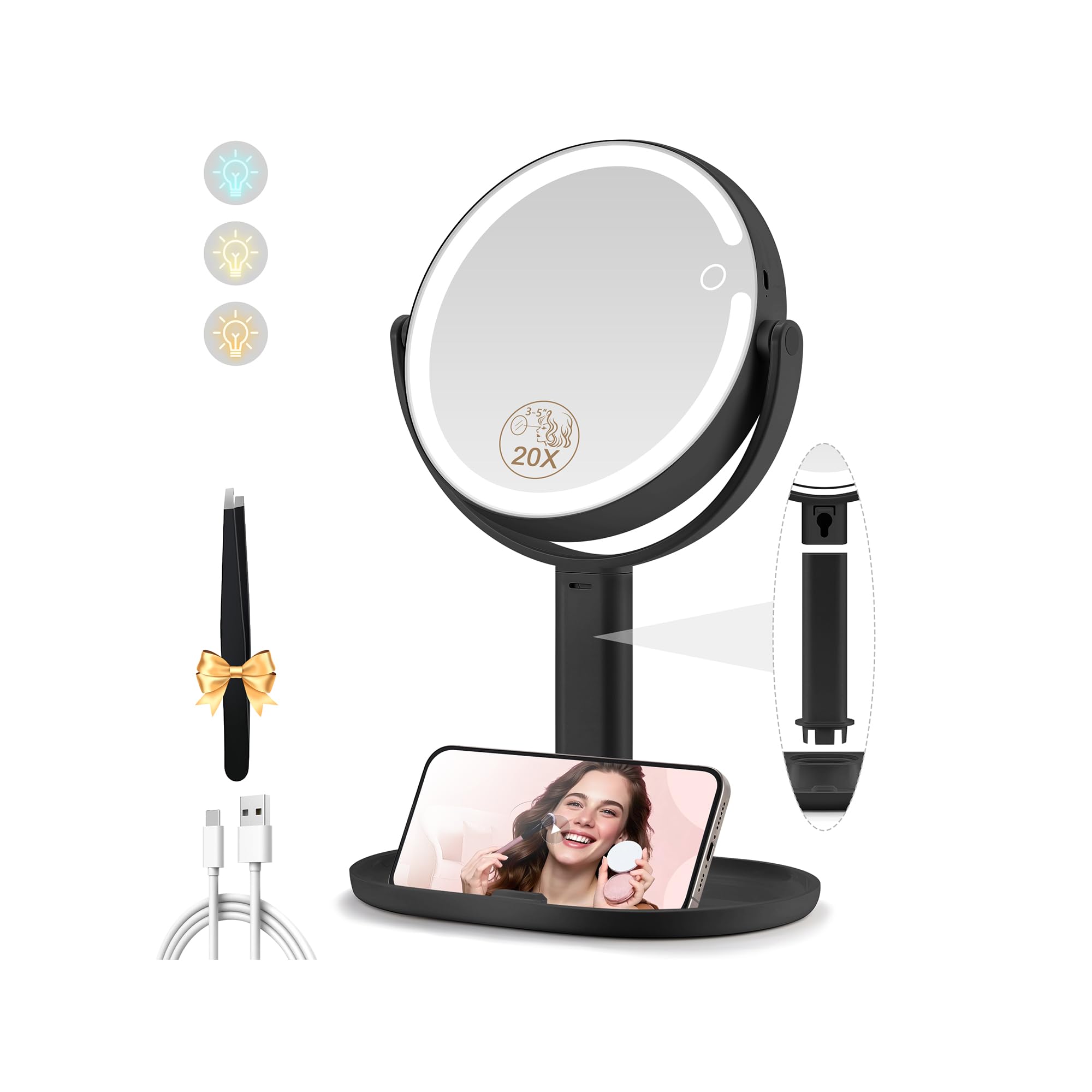 MOMOKUBA miroir maquillage double face avec lumière pour précision 1x et 20x