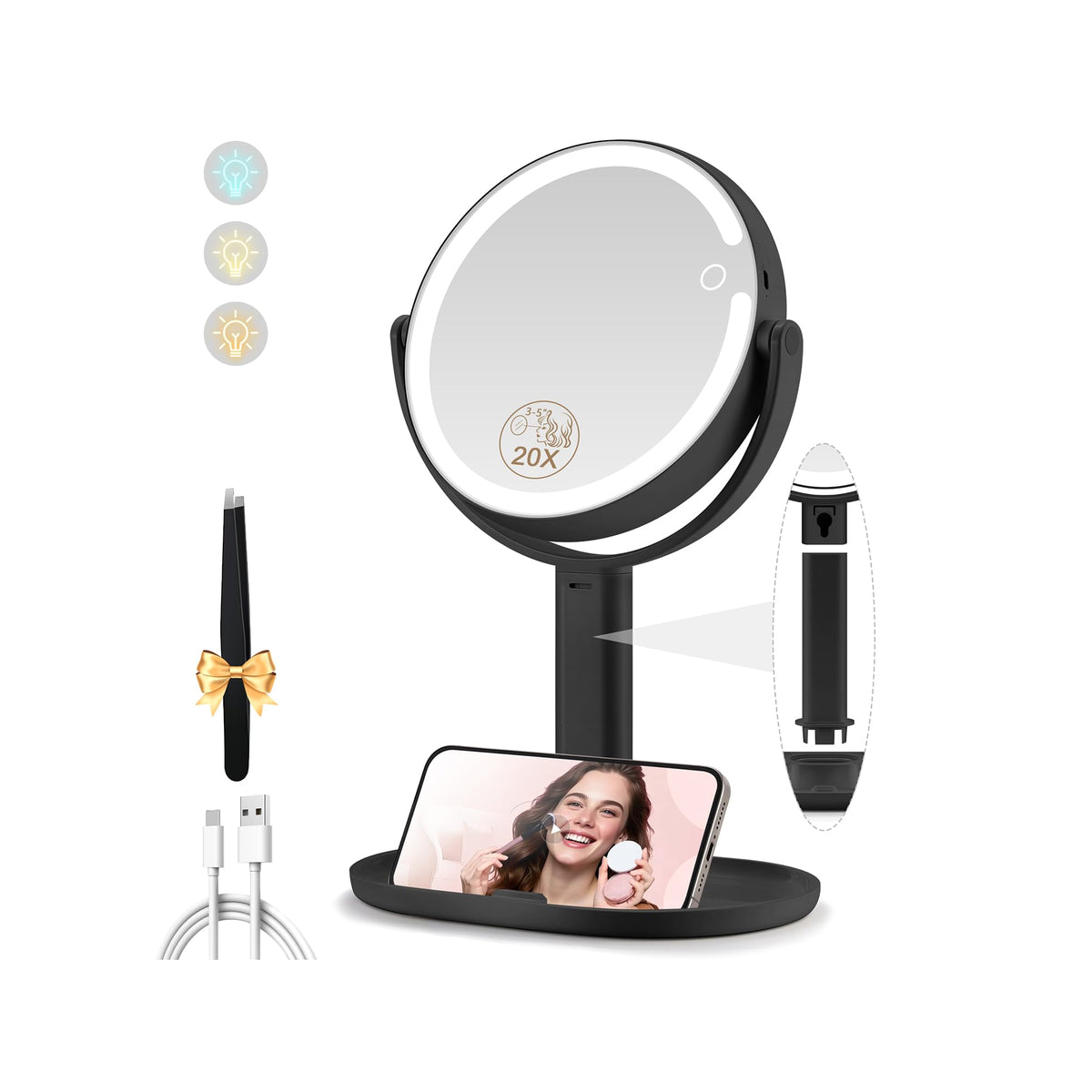 MOMOKUBA miroir maquillage double face avec lumière pour précision 1x et 20x