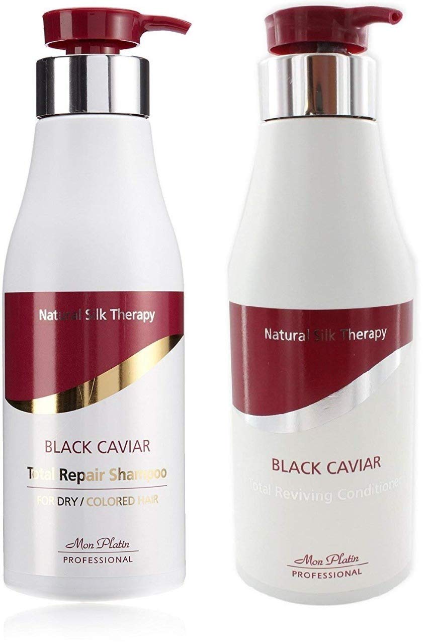 Mon Platin Total Repair Shampoo, vue bouteille, cheveux hydratés et lustrés.