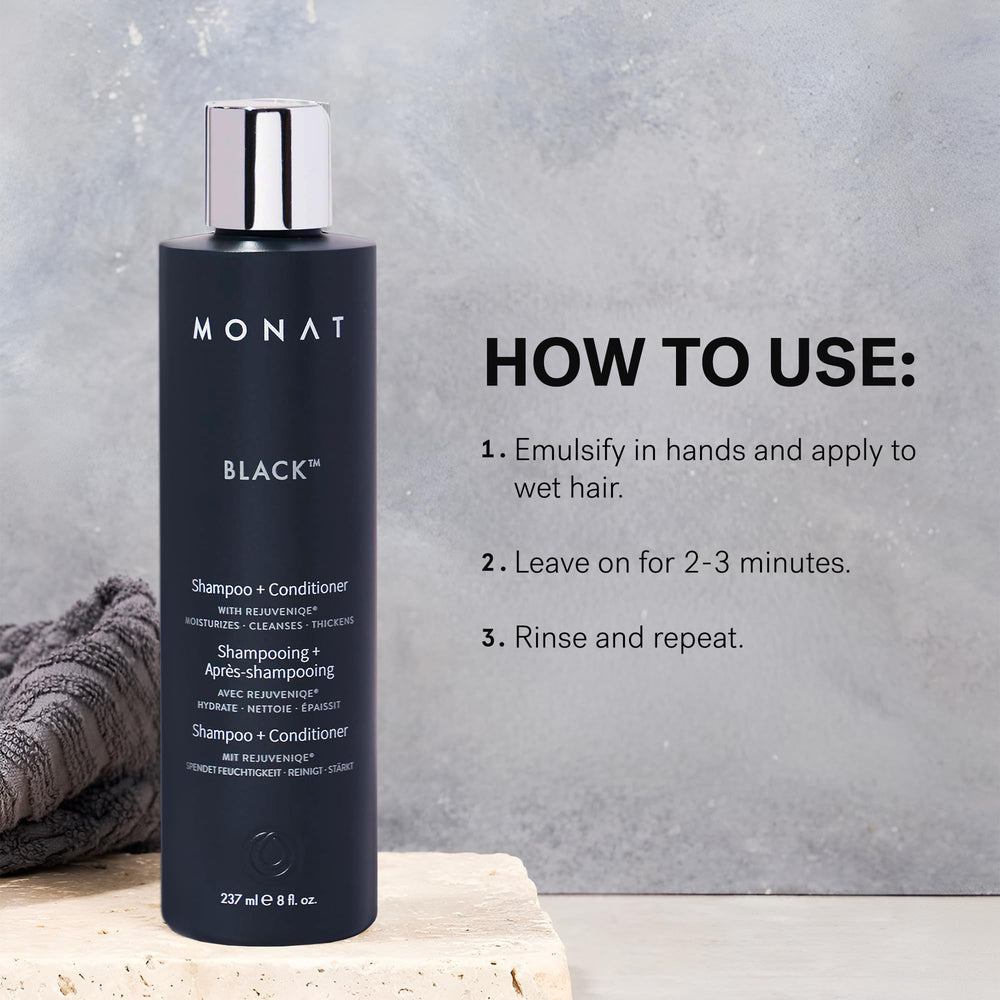 MONAT Black 2-en-1 sans sulfates et parabènes, option végane et cruelty-free