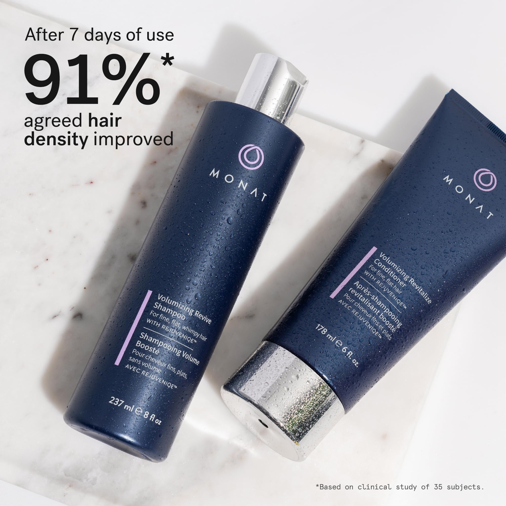 MONAT Conditionneur volumisant en bouteille, démêle en douceur et enrichit les cheveux de volume.