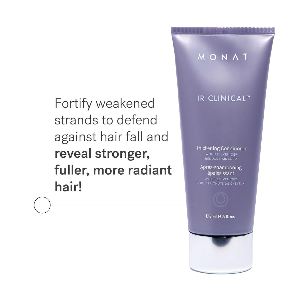 MONAT IR Clinical Thickening Conditioner – Application sur cheveux pour volume accru et douceur satinée.