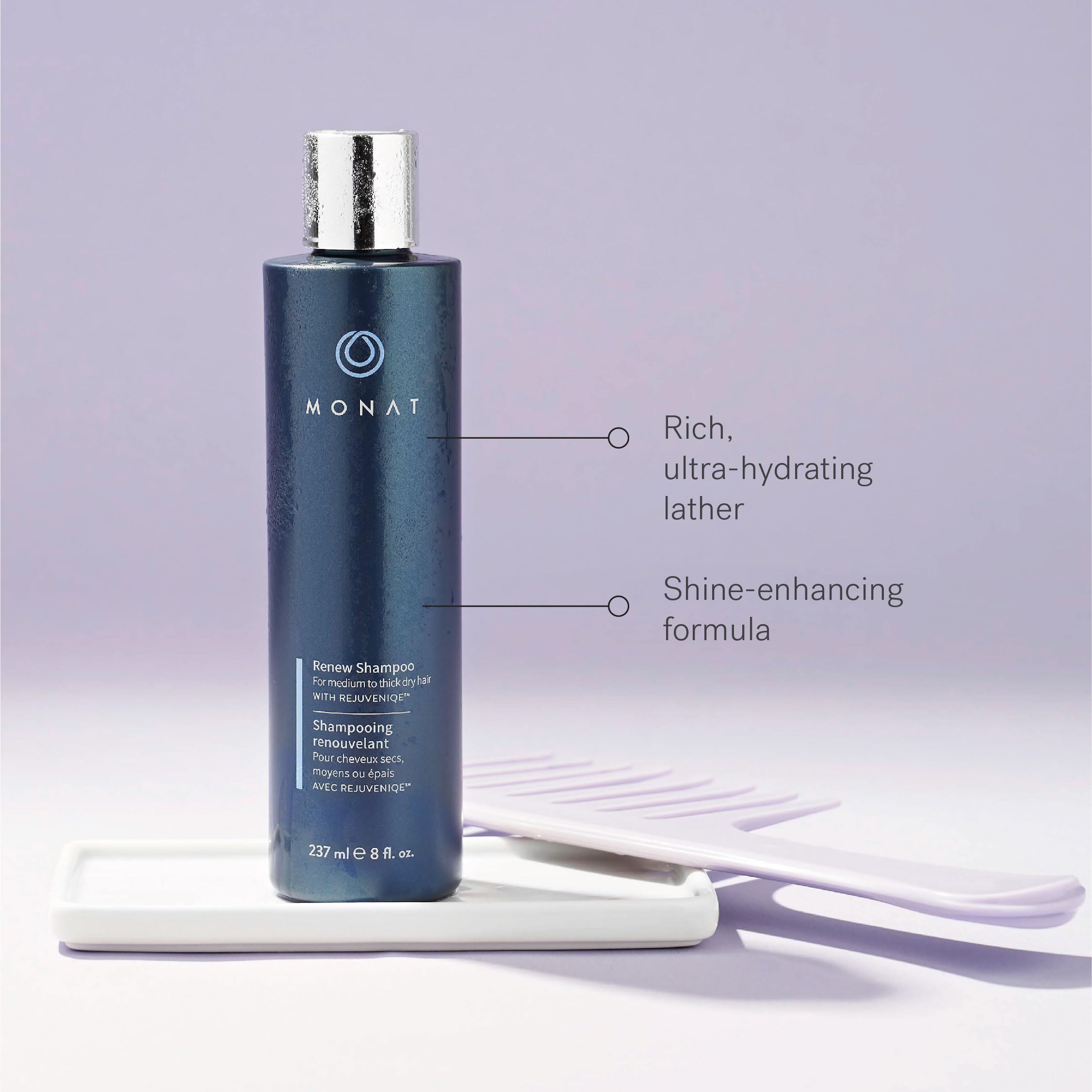 MONAT Renew Shampoo: ingrédients exclusifs REJUVENIQE et oméga pour nourrir durablement.