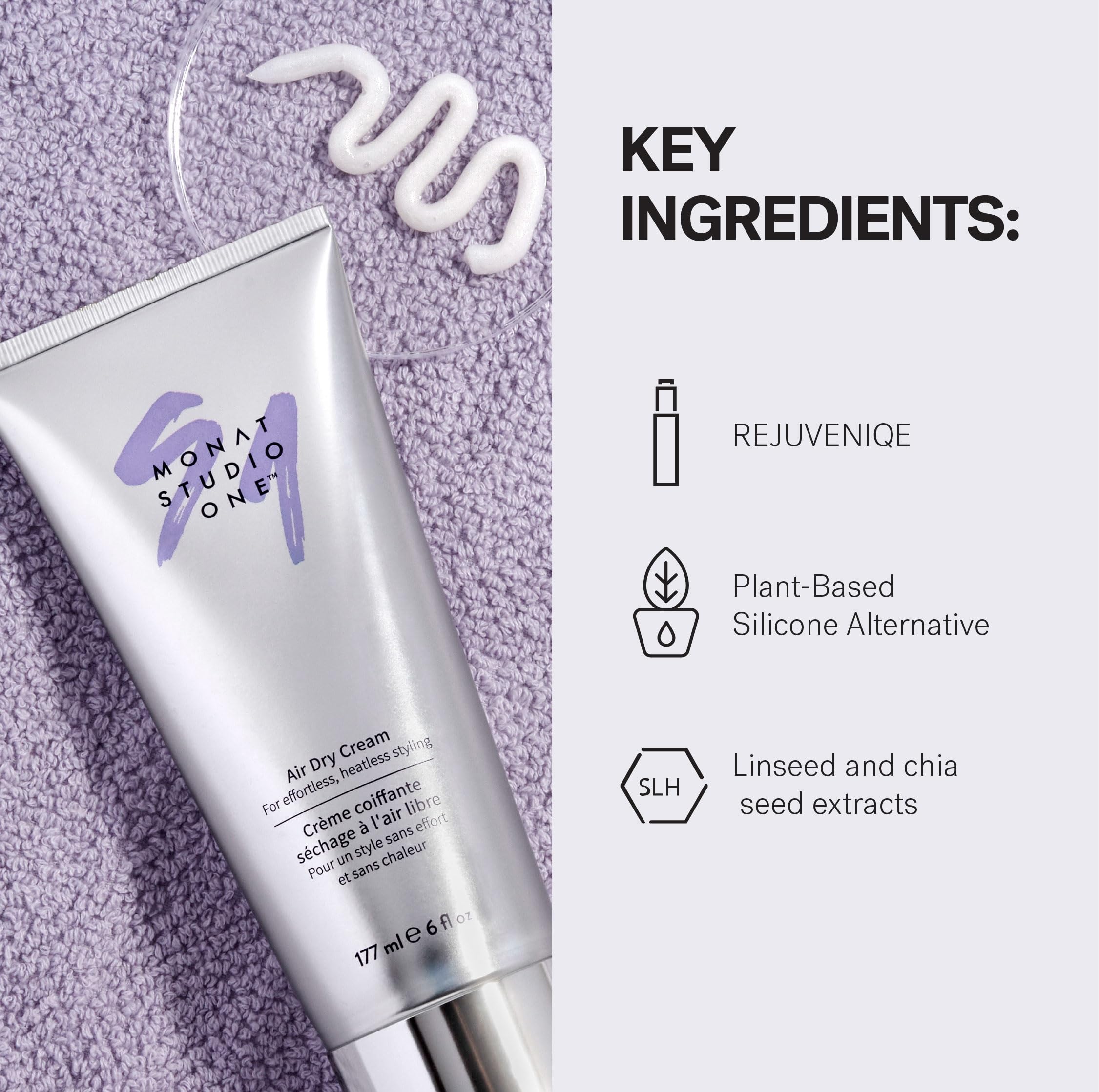 MONAT Studio One Air Dry Cream – étiquette vegan et absence de sulfates.