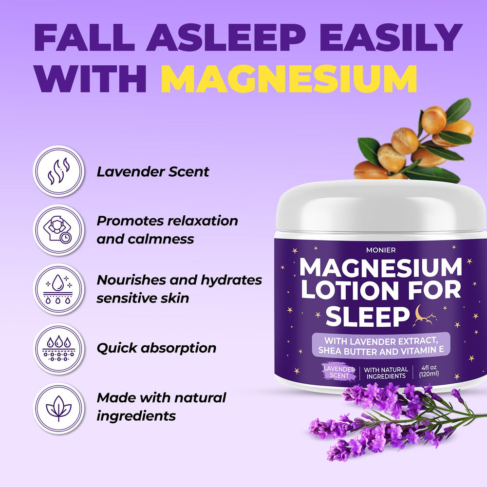 MONIER Lotion Magnesium Sommeil, flacon 4onces, lavande apaisante pour la nuit.