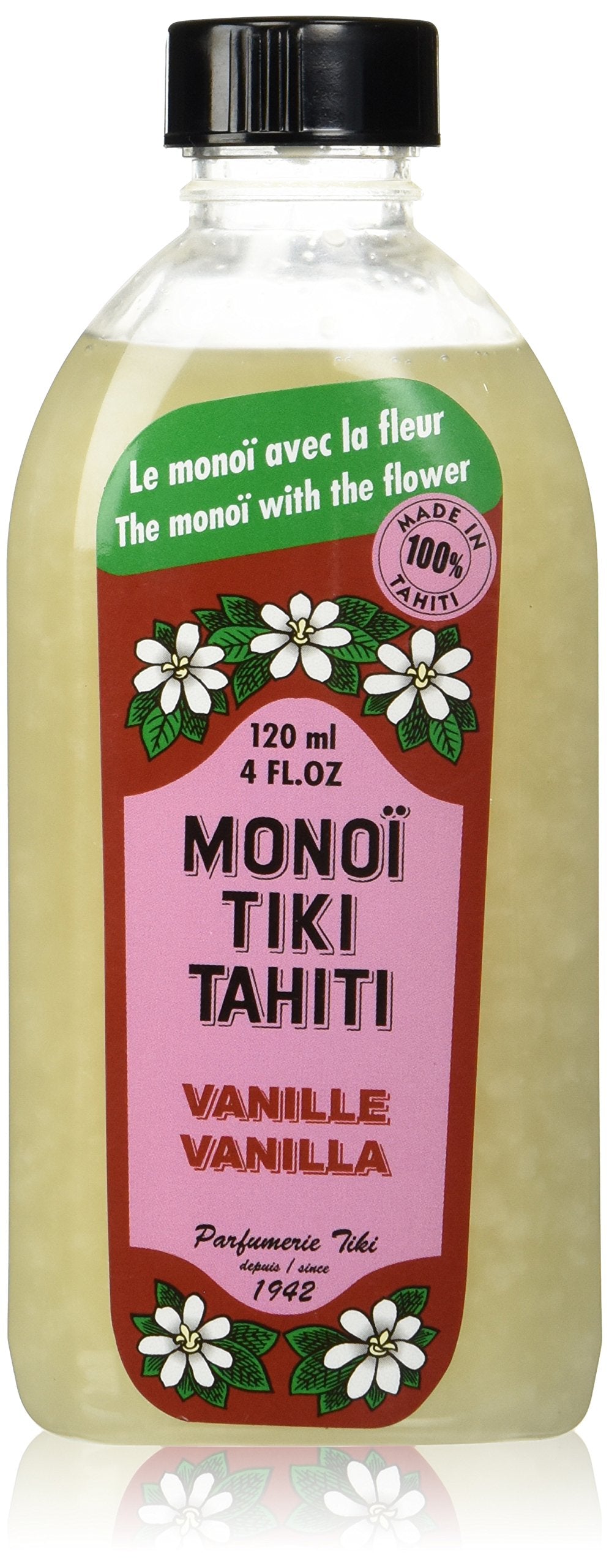 Monoi Tiare Tahiti huile vanille bouteille, hydratation légère et parfum discret.