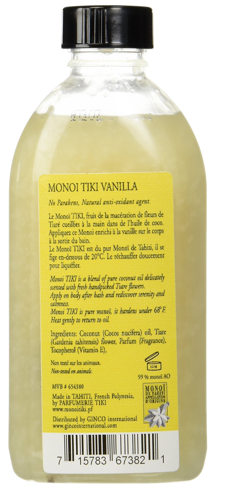 Monoi Tiare Tahiti senteur vanille flacon, parfum chaleureux pour le corps.