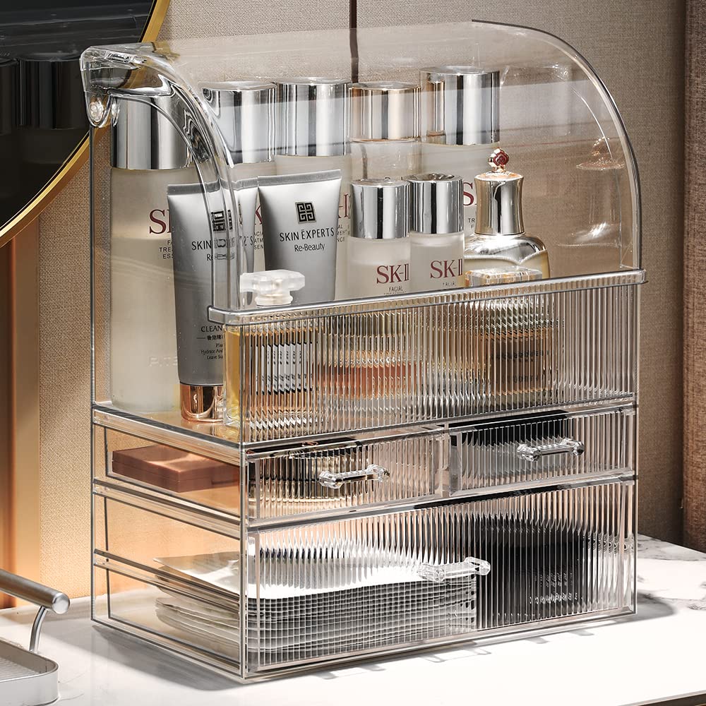 MOOCHI Organisateur cosmétique, tiroirs ouverts, accès rapide et rangement structuré pour maquillage et soins.