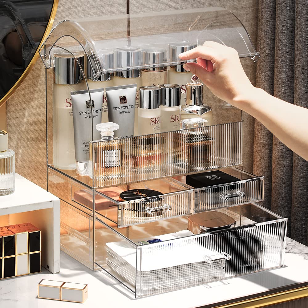 MOOCHI Organisateur cosmétique, vue haute, présentation claire des surfaces et compartiments pour produits.