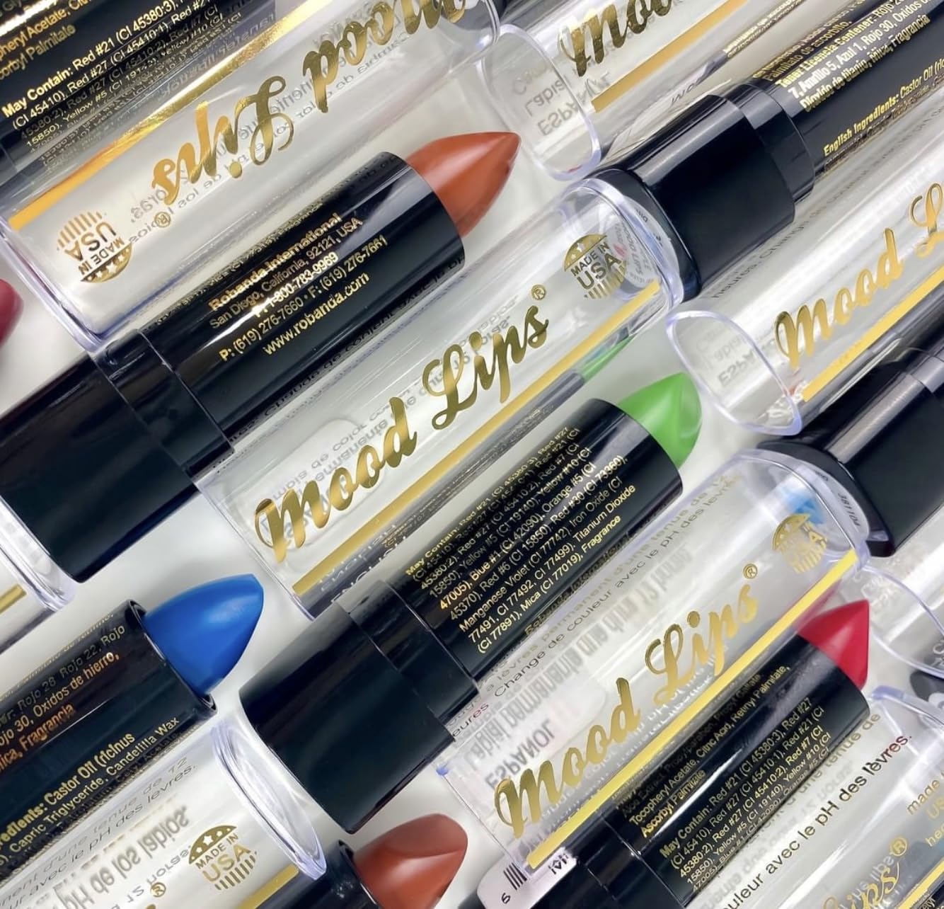 Mood Lips fabriqué aux États-Unis, contrôle qualité et fabrication soignée.