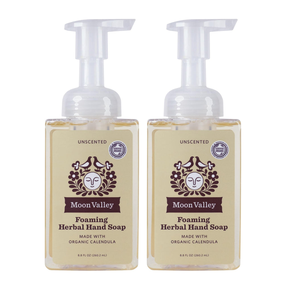 Moon Valley Herbal Foaming Hand Soap bottle with recyclable packaging for an eco-friendly home.