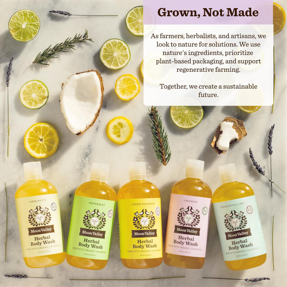 Moon Valley Organics Douche Lavande: emballage recyclable et choix écologique.