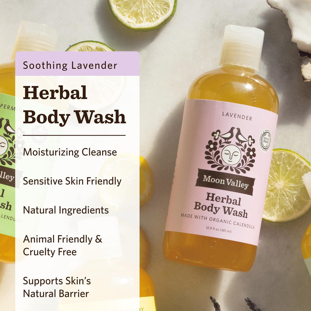 Moon Valley Organics Douche Lavande: mousse riche et nettoyage doux.
