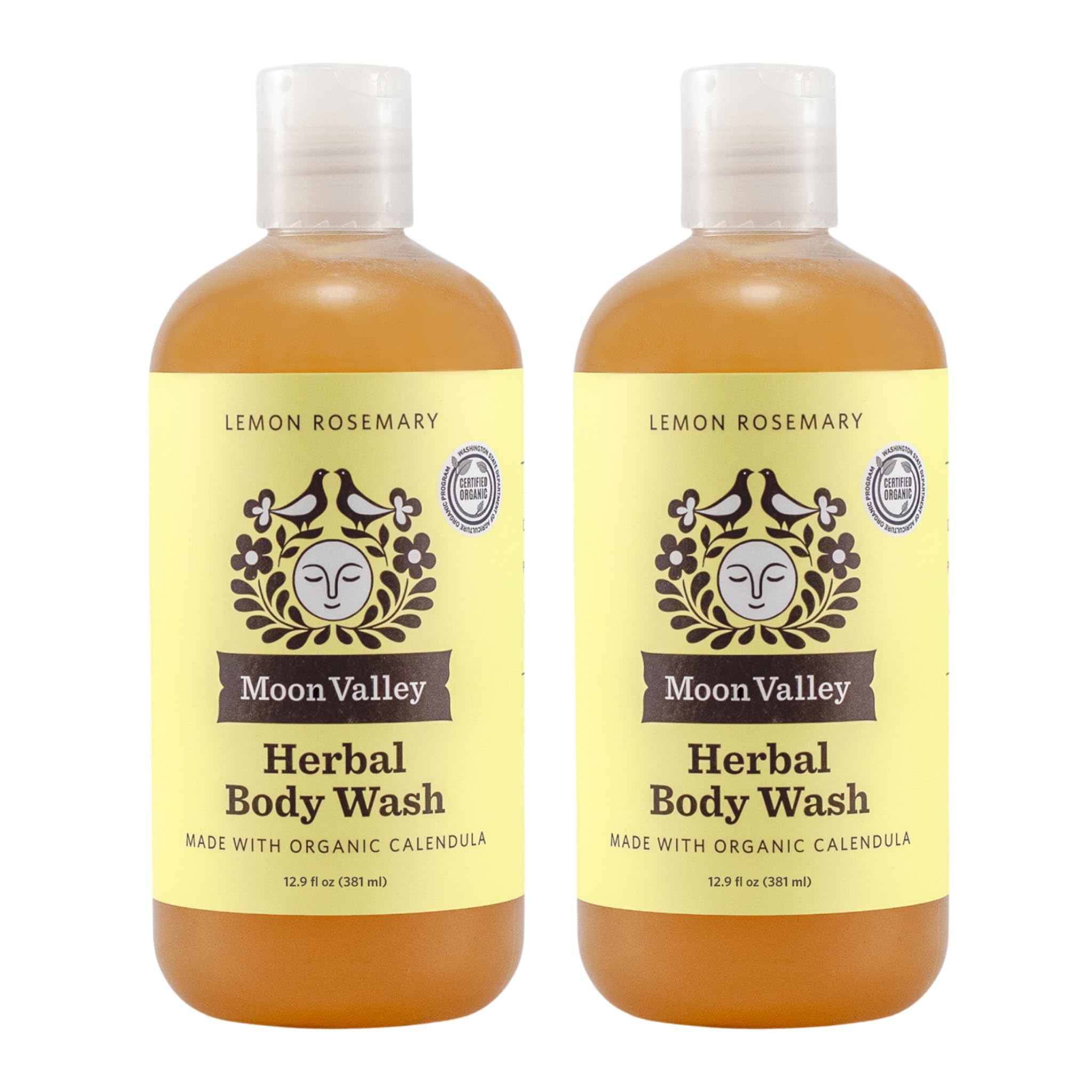 Moon Valley Organics gel douche Citron-Romarin en bouteille, parfum frais et hydratation légère.