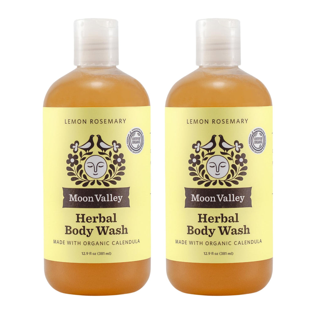 Moon Valley Organics gel douche Citron-Romarin en bouteille, parfum frais et hydratation légère.