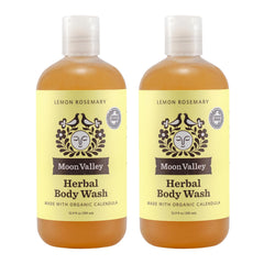 Moon Valley Organics gel douche Citron-Romarin en bouteille, parfum frais et hydratation légère.