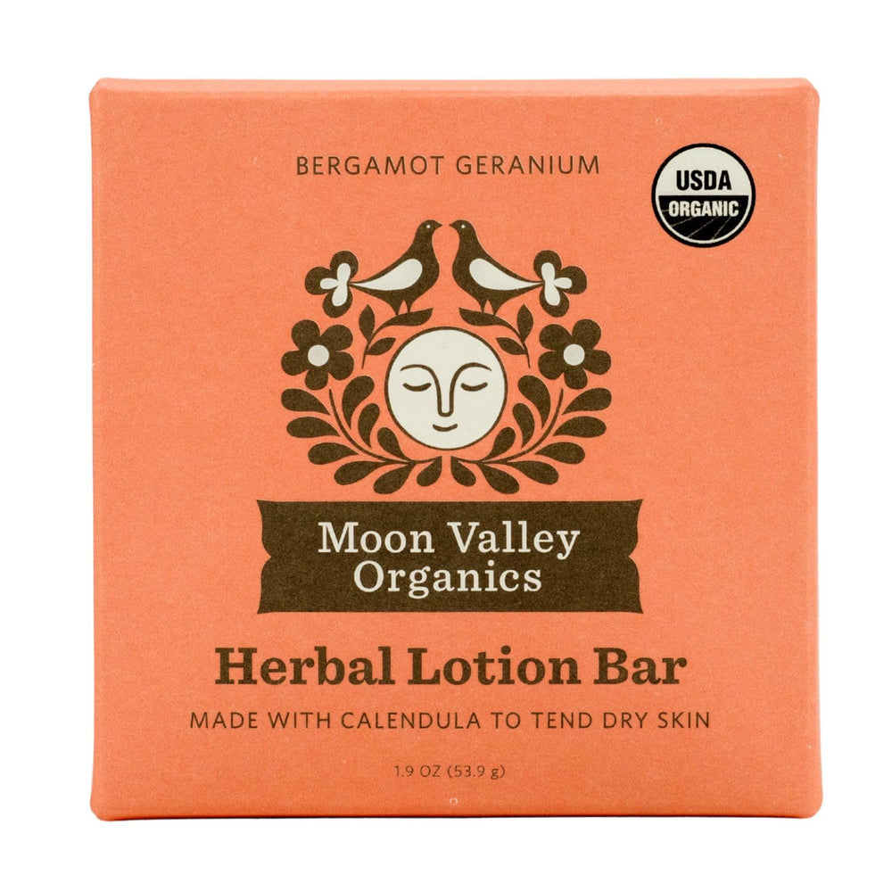 Moon Valley Organics Moon Melt Bar bergamot-géranium pour réconforter la peau sèche.