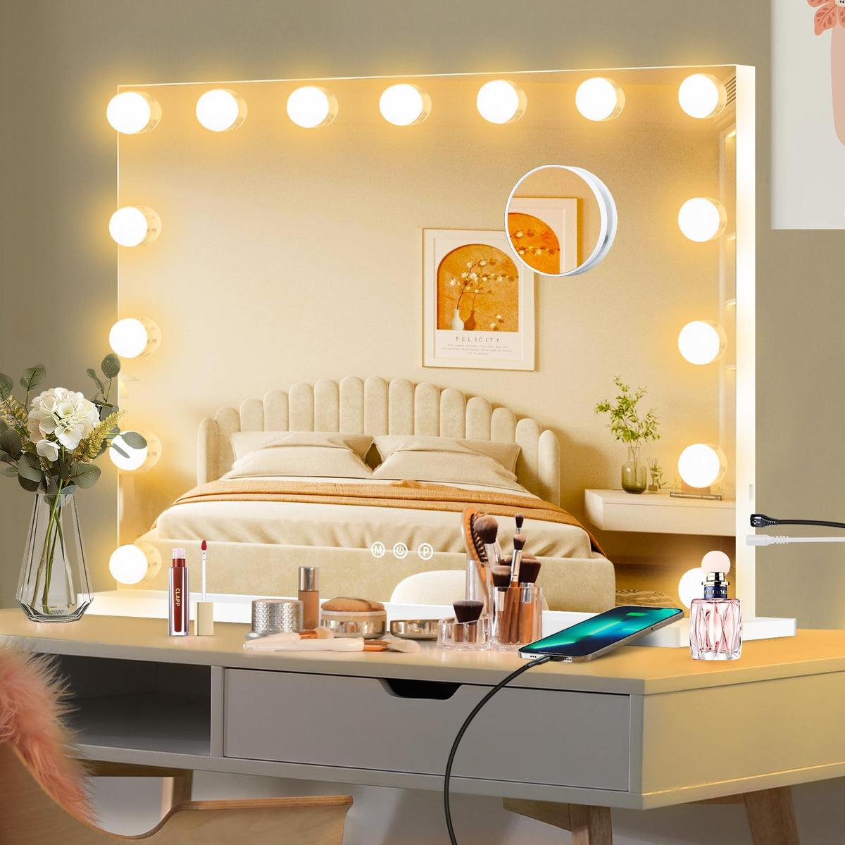 Miroir vanité Moonee lumineux 23x18 pouces, cadre élégant sur la coiffeuse