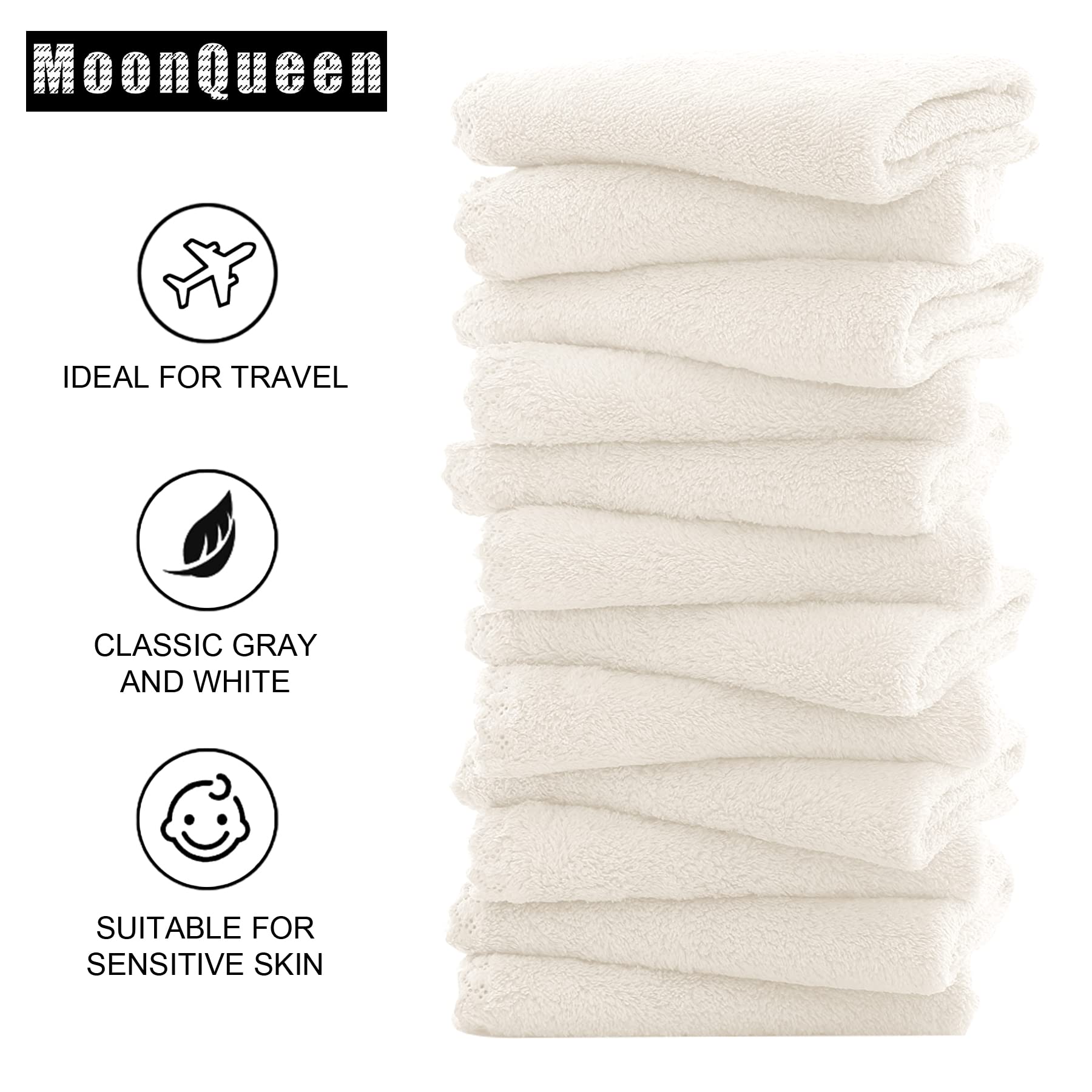 MOONQUEEN lingette visage microfibre 12 pièces, couleurs classiques faciles à assortir.