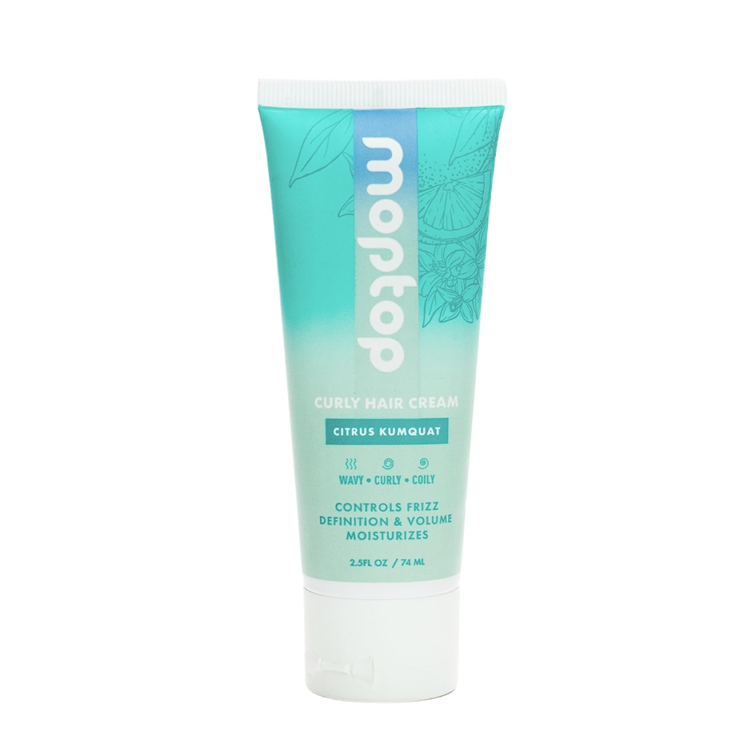 MopTop Curl Cream bottle closeup showing sleek packaging and frizz-control promise.