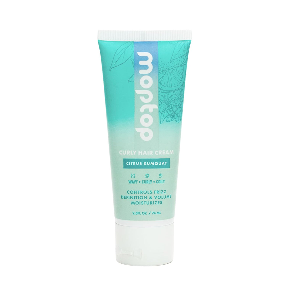 MopTop Curl Cream bottle closeup showing sleek packaging and frizz-control promise.
